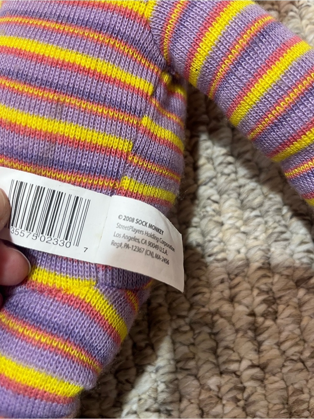 Striped Purple & Yellow Sock Monkey Plush Toy - Unbranded NWT rare vintage - Picture 10 of 11